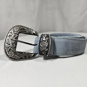Free People Black Rock Belt Blue Suede Western Cowgirl Coastal Silver Buckle
